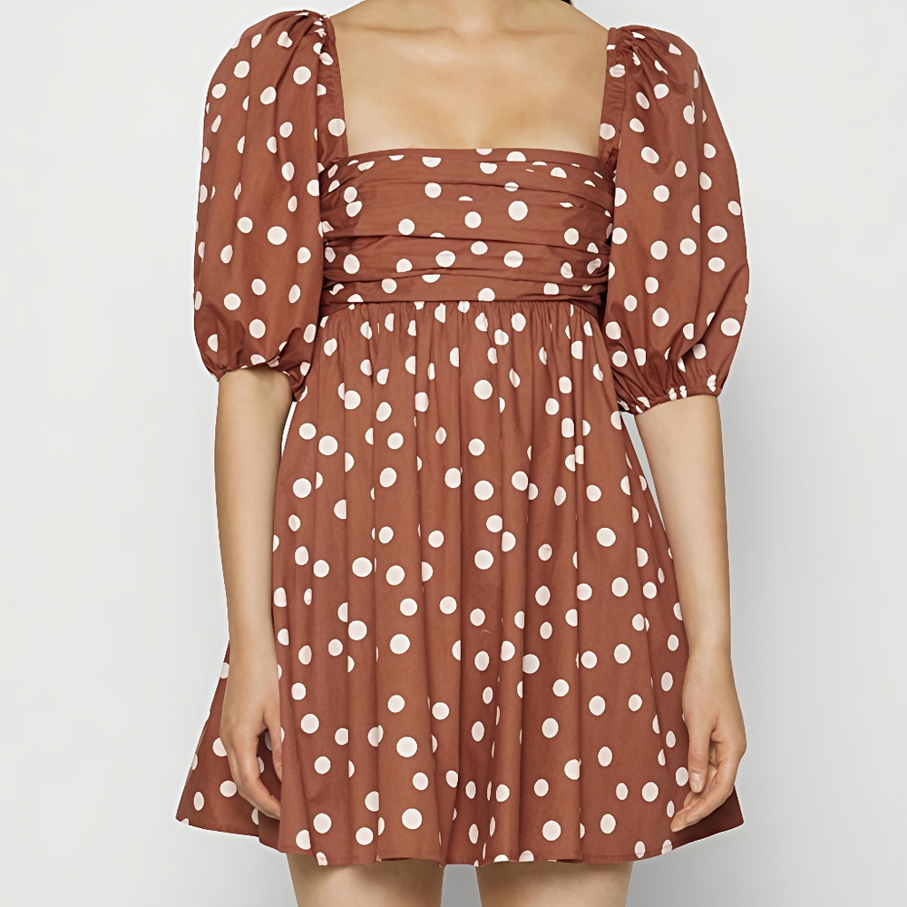 Abercrombie & Fitch Smocked Brown White Polka Dots Puff Sleeve Mini Dress XSP
